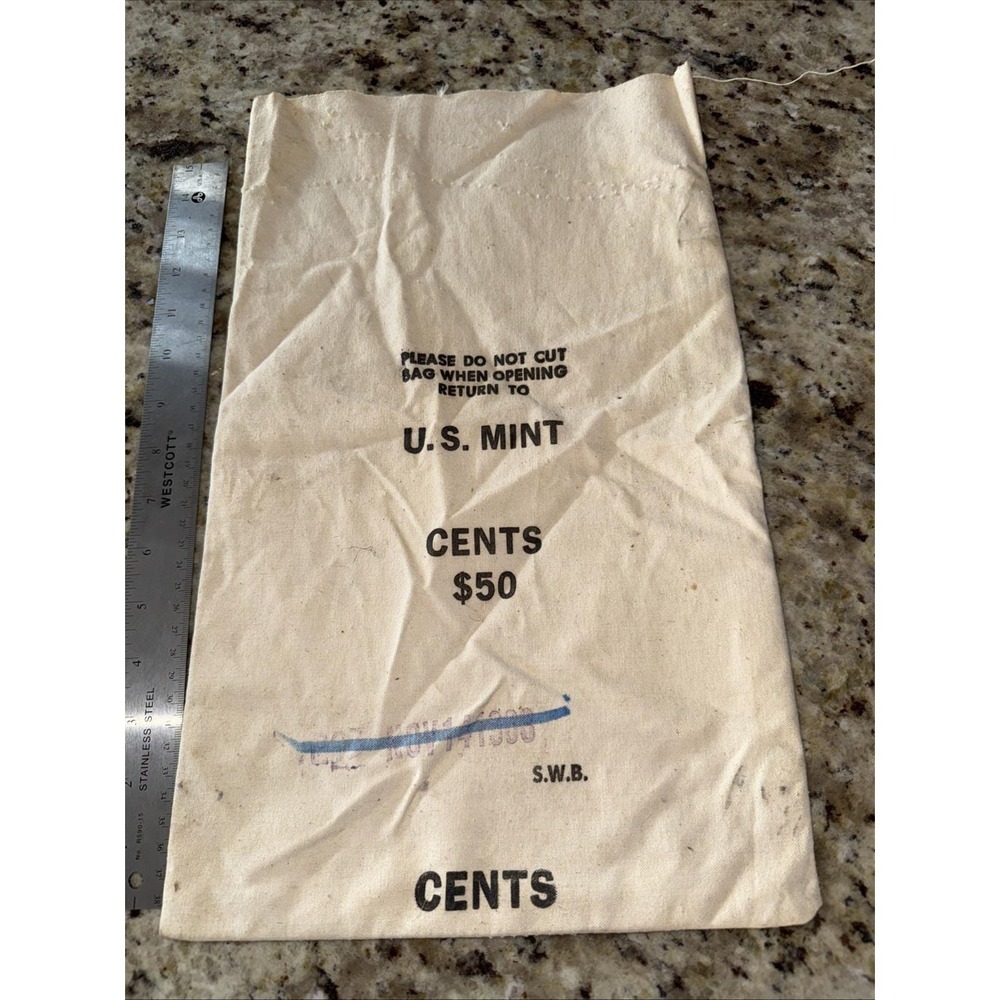 Vintage‎ US Mint Bank Canvas Cloth Coin Money Bag Cents $50 Empty 1988 (5253)
